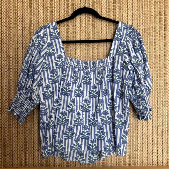 Ophelia & Indigo Mary Top XS Blue Stripe Floral Smocked Puff Sleeve - Picture 5 of 8
